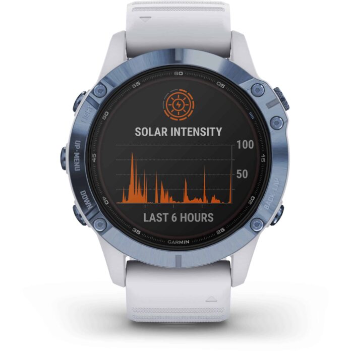 Đồng hồ Garmin fenix 6 (47mm, Solar, Mineral Blue Titanium/Whitestone Band)