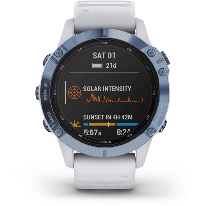 Đồng hồ Garmin fenix 6 (47mm, Solar, Mineral Blue Titanium/Whitestone Band)