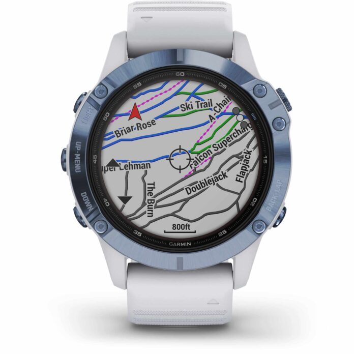 Đồng hồ Garmin fenix 6 (47mm, Solar, Mineral Blue Titanium/Whitestone Band)