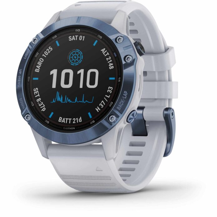 Đồng hồ Garmin fenix 6 (47mm, Solar, Mineral Blue Titanium/Whitestone Band)