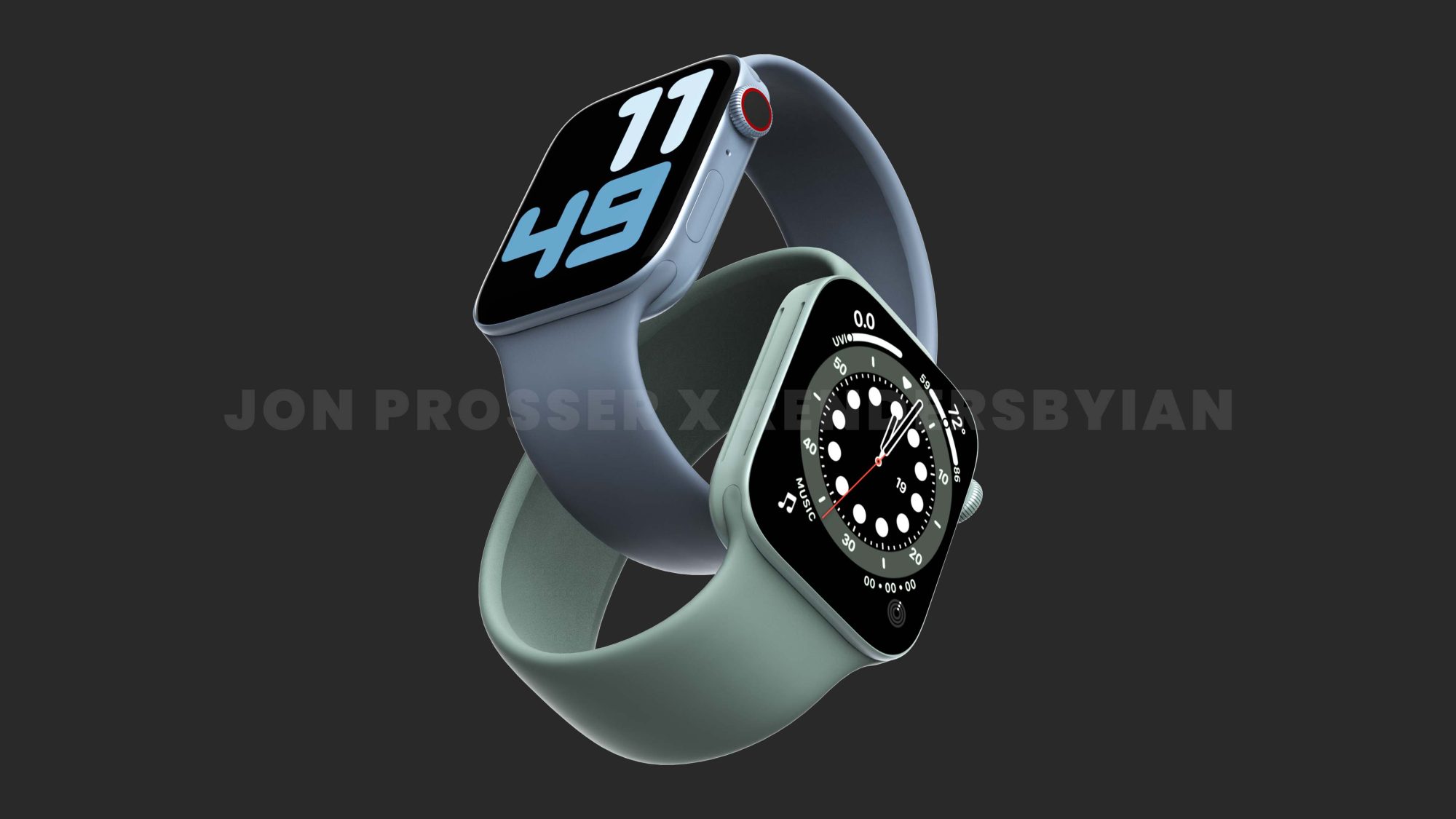 Ảnh render Apple Watch Series 7 với thiết kế phẳng, tuỳ chọn màu mới