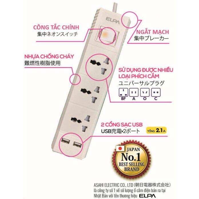 Ổ cắm điện Elpa ESU-VNC33 - 2 cổng USB