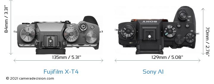 Fujifilm X T4 vs Sony Alpha A1 top view size comparison