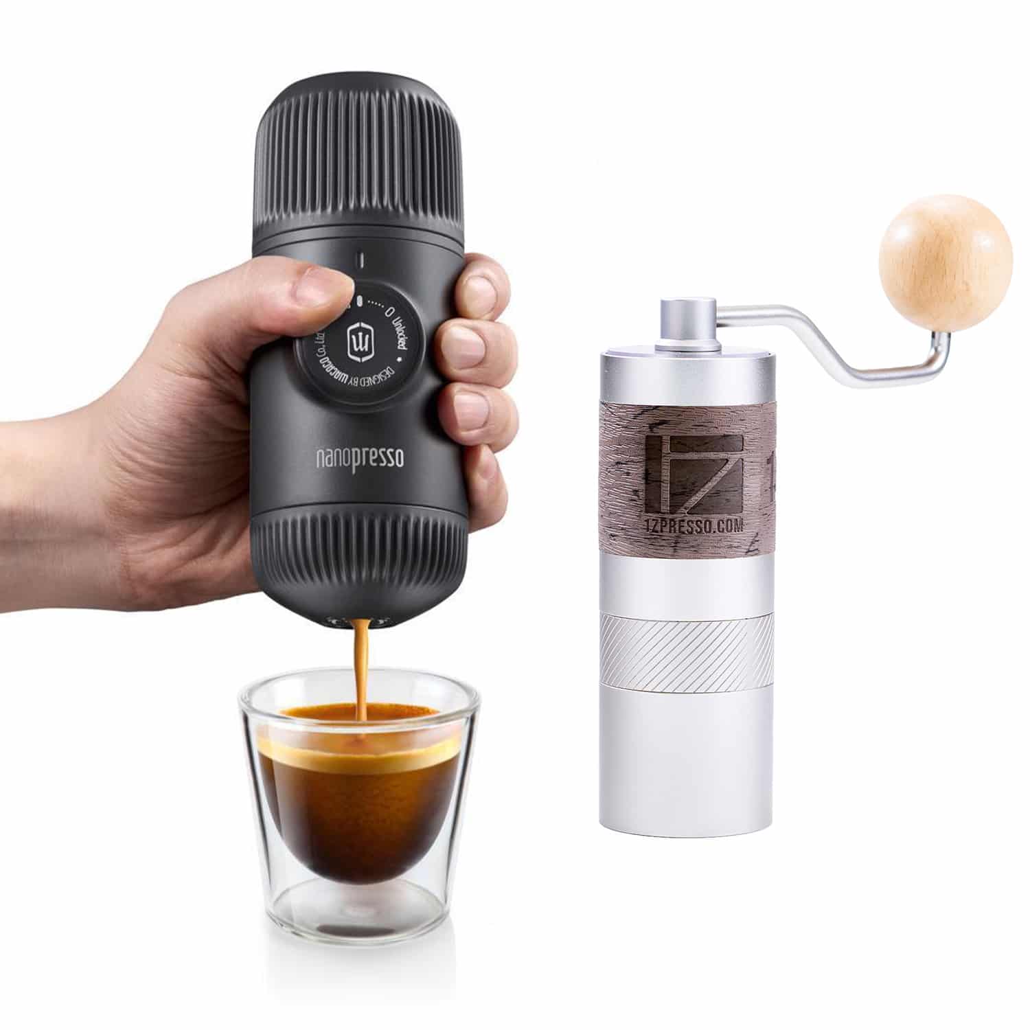 Bộ dụng cụ pha cà phê Wacaco Nanopresso và cối xay 1Zpresso Q2 (White)