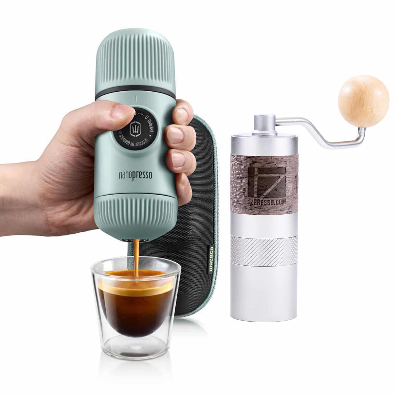 Bộ dụng cụ pha cà phê Wacaco Nanopresso và cối xay 1Zpresso Q2 (White)