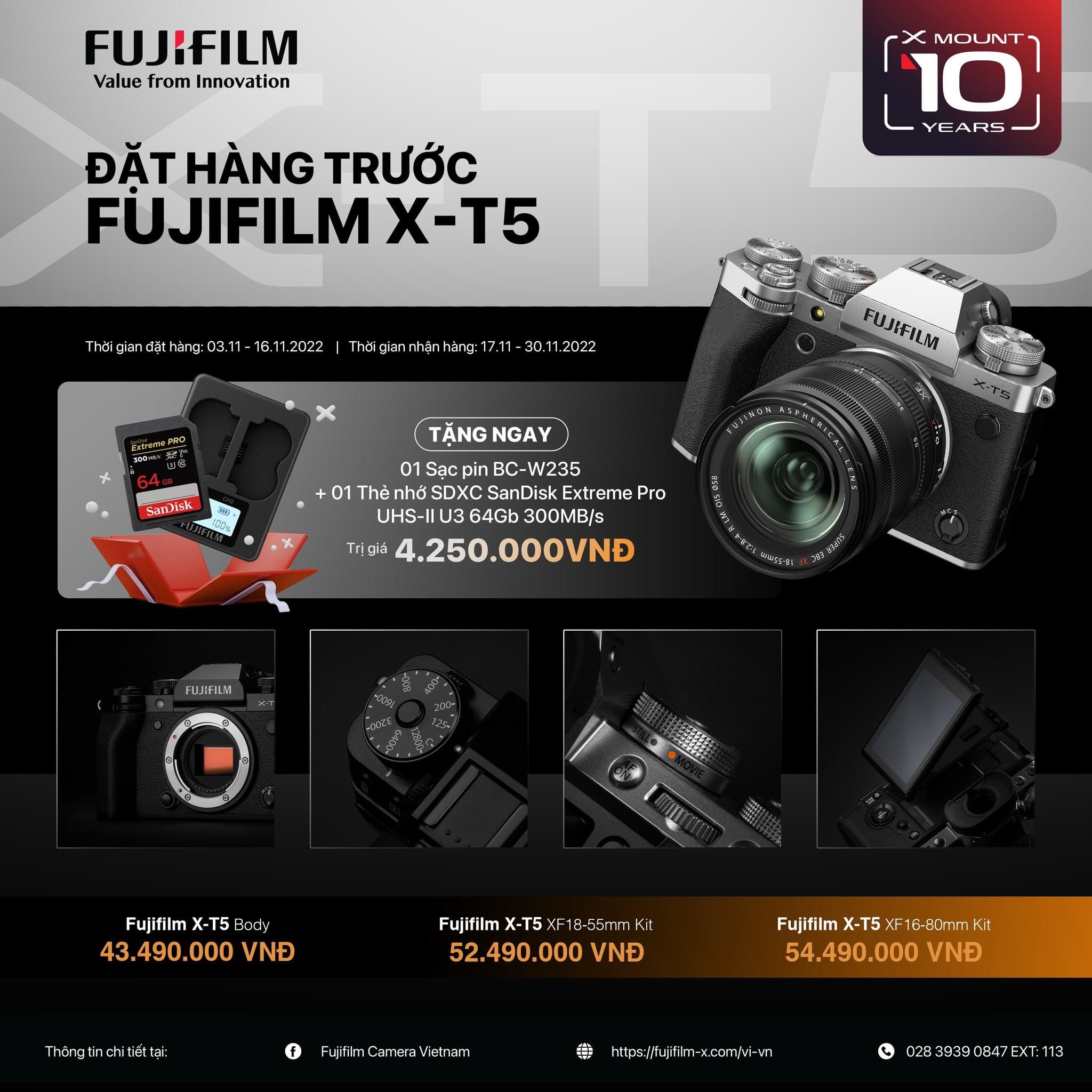 Đặt trước Fujifilm X-T5 tại WinWinStore, giá bán từ 43.490.000đ tặng kèm bộ quà tặng trị giá hơn 4 triệu