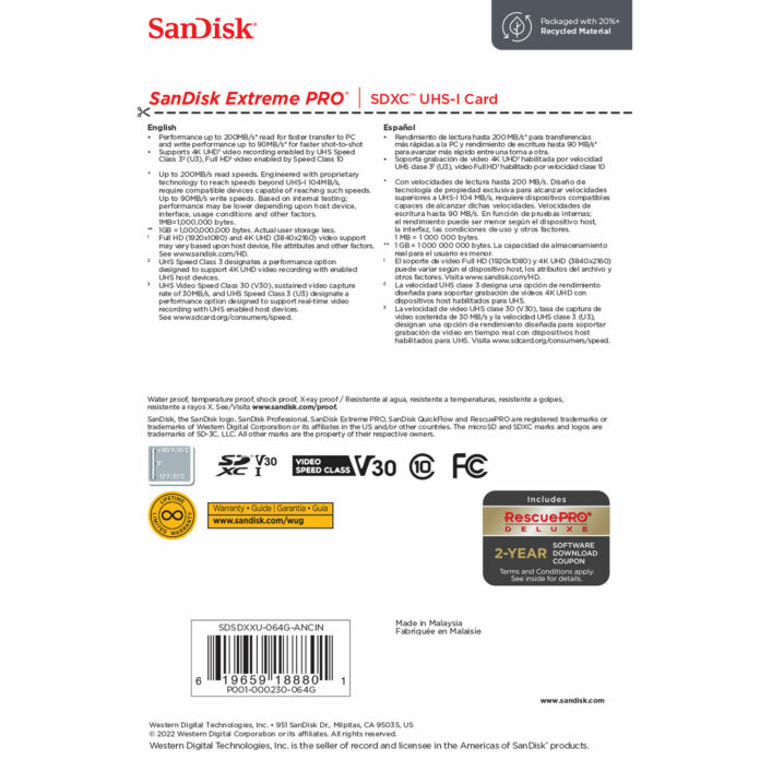 Thẻ nhớ SD Sandisk Extreme Pro UHS-I SDXC 64GB 200MB/s