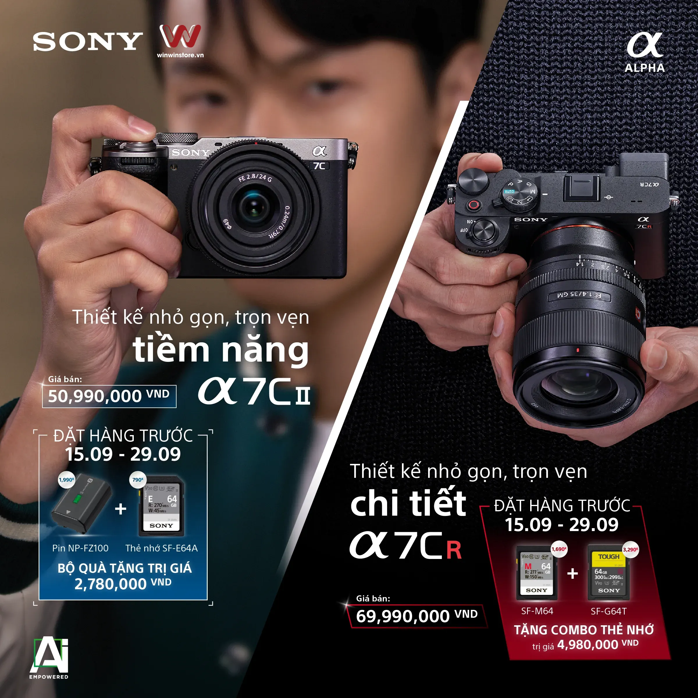 Đặt trước bộ đôi máy ảnh Sony A7CR và A7C II cùng ống kính mới, giá lần lượt 50.99 và 69.99 triệu cùng quà tổng trị giá gần 5 triệu đồng