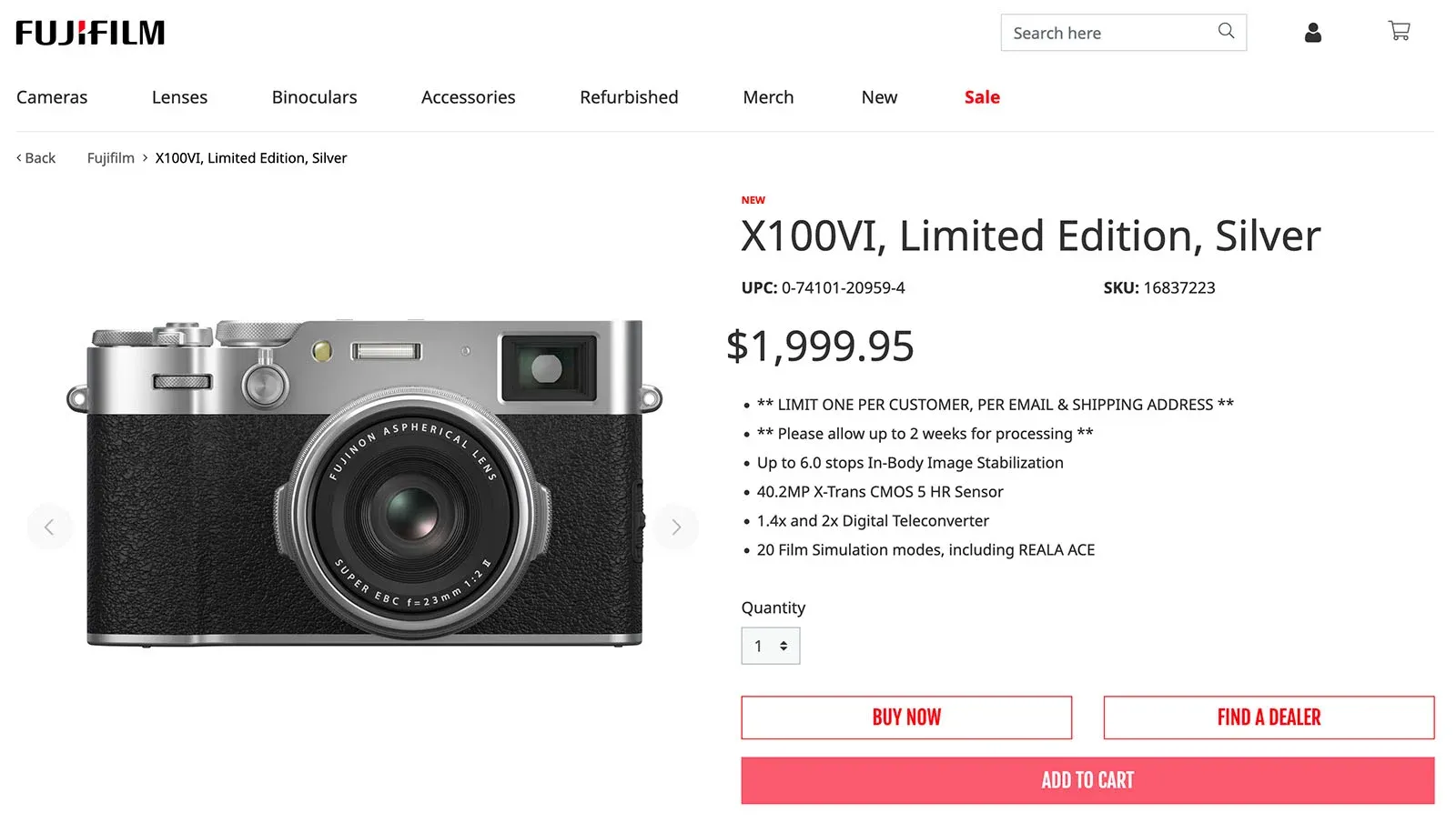x100vi limited edition product page