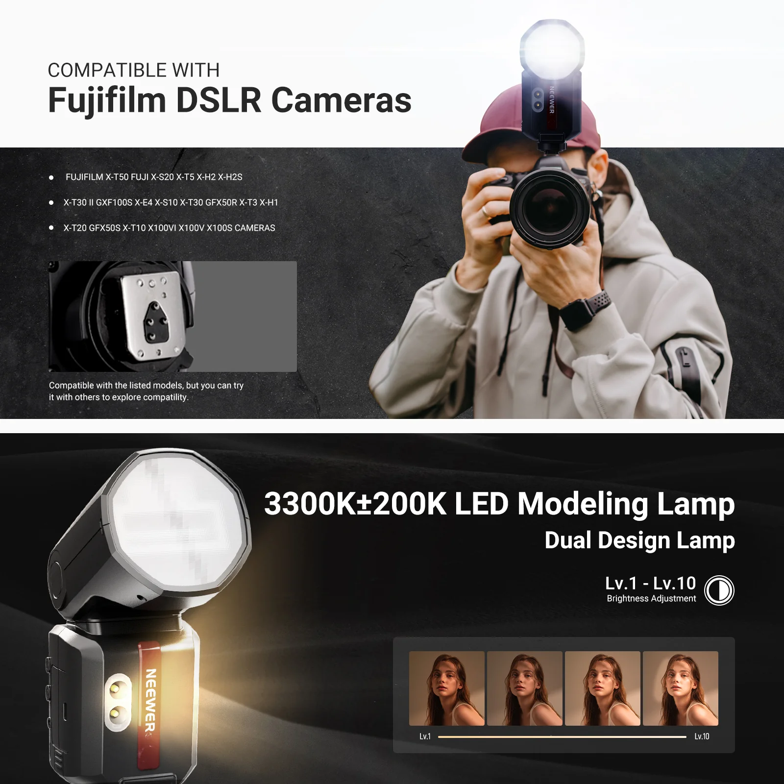 Đèn flash Neewer Z3 100Ws for Fujifilm với thiết kế đầu tròn và màn hình cảm ứng màu