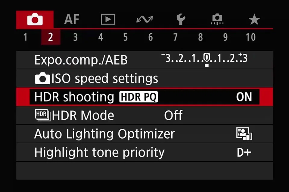 canon hdr shooting menu
