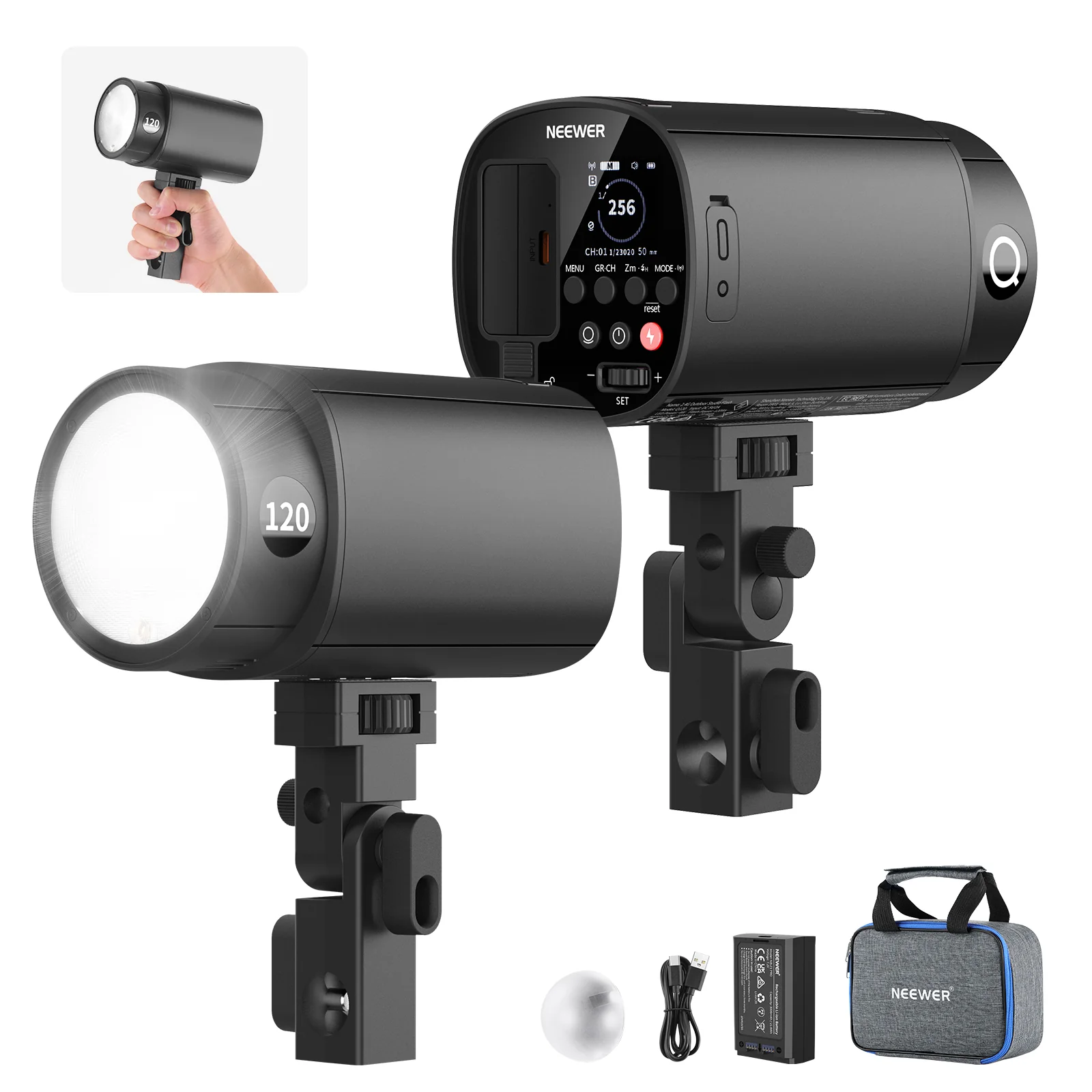 8 den flash neewer q120 120ws.jpg 8 Đèn Flash Neewer Q120 120Ws – TTL HSS, Pin rời, 2.4G Wireless