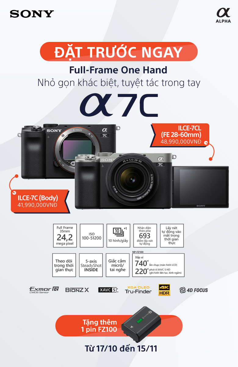 Sony a7C chính thức ra mắt, giá 41,990,000 VND, quà tặng 1 pin FZ100 khi đặt trước tại WinWinStore từ hôm nay