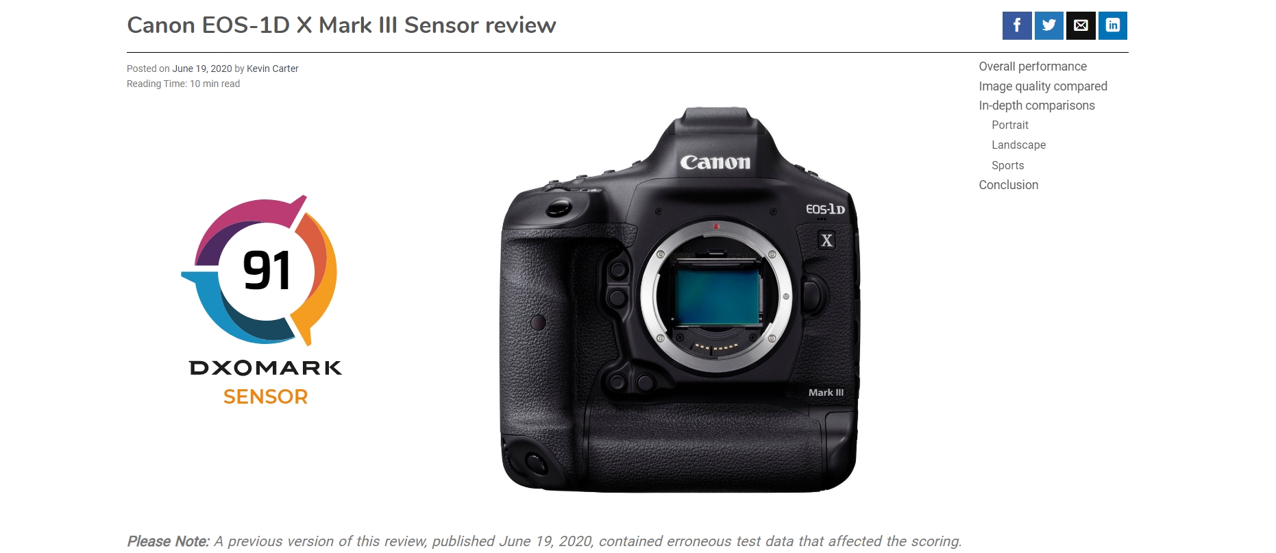DXOMark thừa nhận là đã có sai sót trong bài đánh giá Canon 1D X Mark III, đã sửa lại điểm